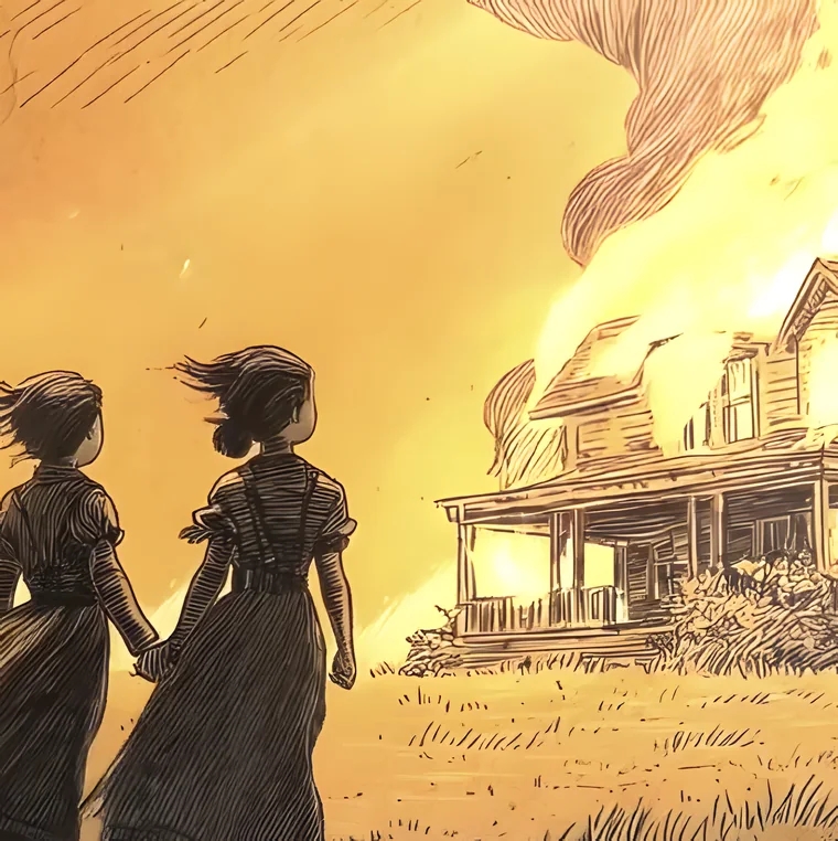 Illustrated animation still: two figures watching a burning farmhouse