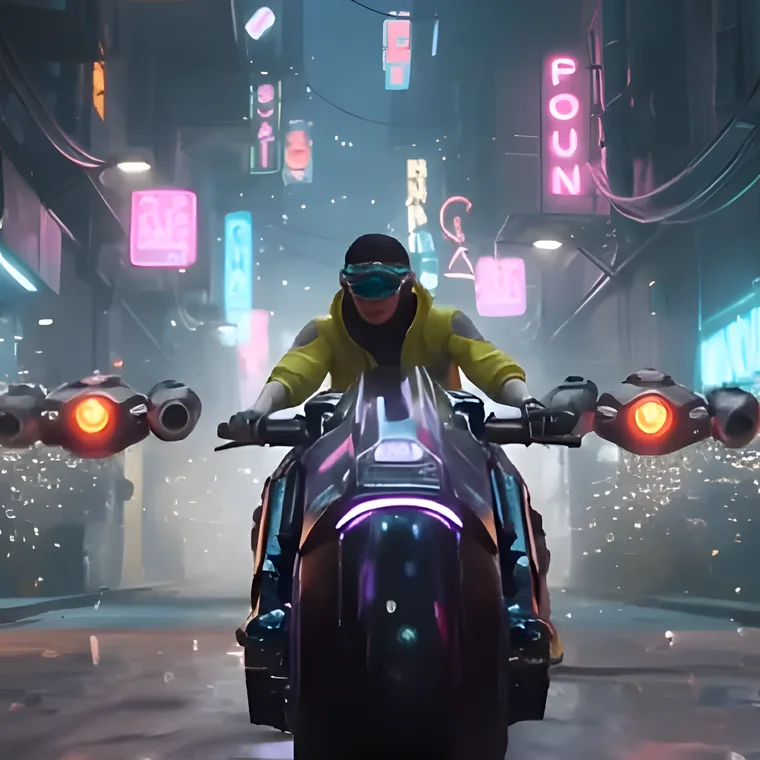 3D animation still: rider on a neon-lit motorcycle in a cyberpunk street