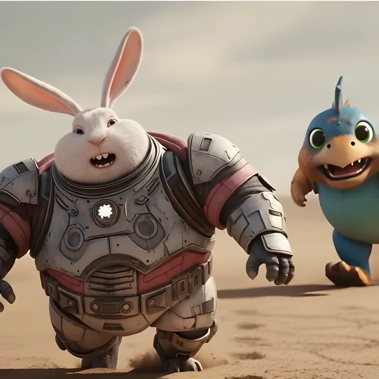 3D character animation still: armoured rabbit and creature in a desert