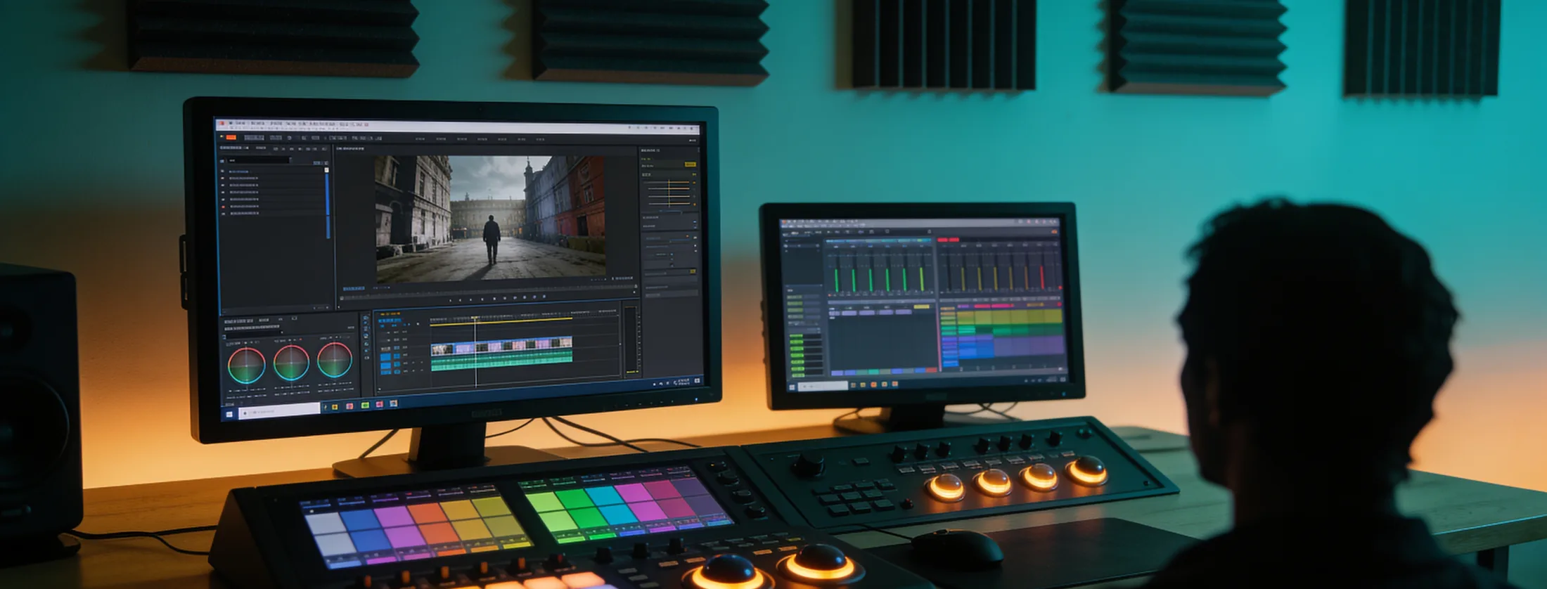 A colour grading and edit suite lit by monitor glow, one screen showing a timeline and scopes, a grading panel with trackballs on the desk and an editor in silhouette